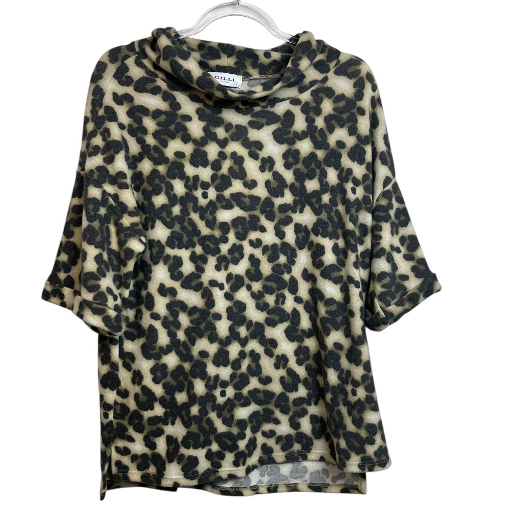 Gilli NWT Womens Leopard Print Mock Neck Short Sleeve Top Brown Tan Small NEW